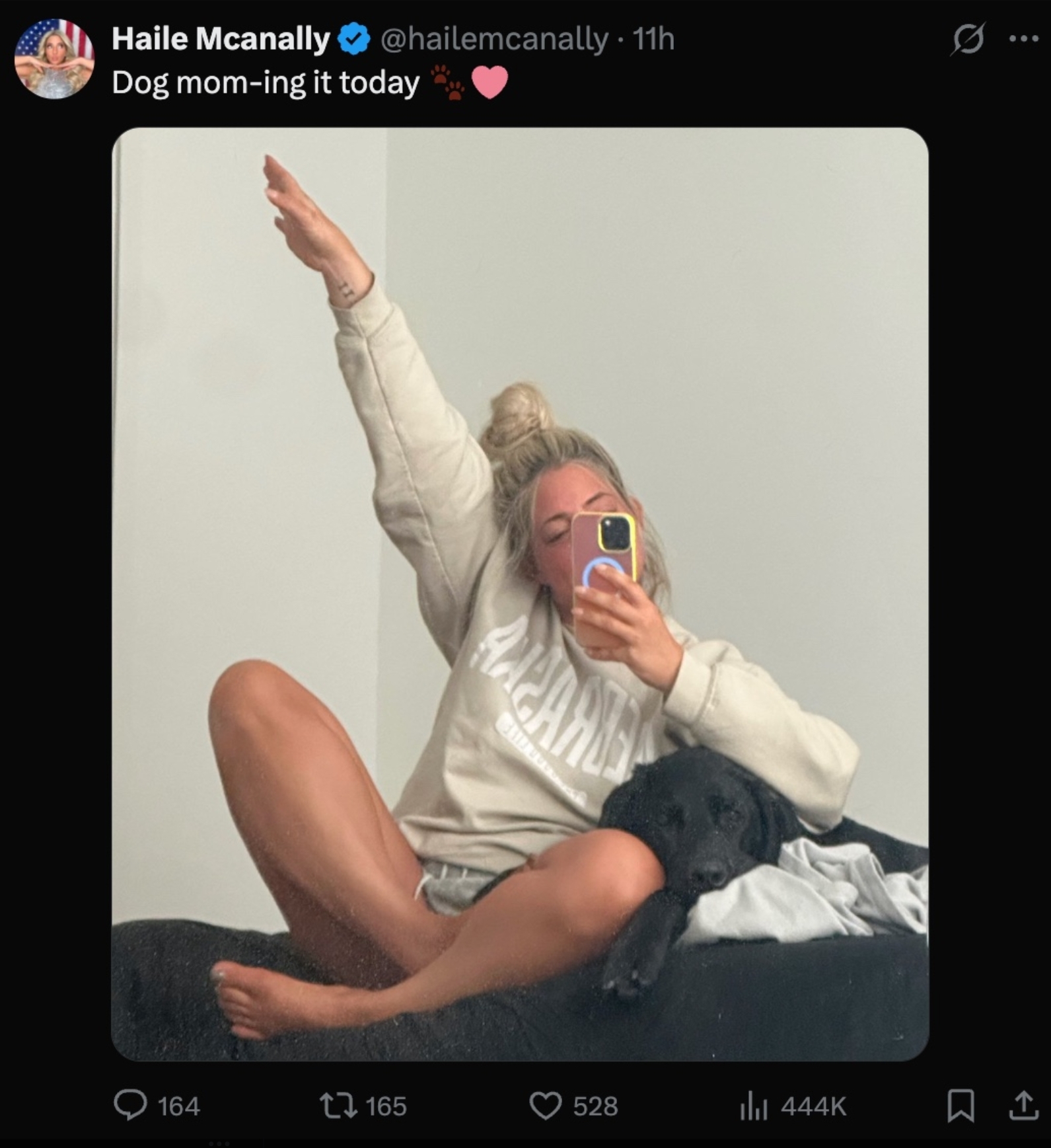 Nebraska GOP communications director Haile McAnally poses with her right arm raised in a manner resembling a Nazi salute, captioned 'Dog mom-ing it today 🐾❤️' on X.